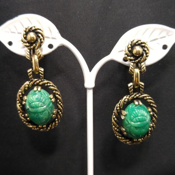 Vintage Peking Glass Scarab Beetle Screw-back Earrings, 1950's, 2 Inches - Picture 1 of 10